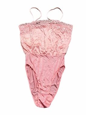 70s/80s European Vintage Silky Lace Trim Teddy Bodysuit Lingerie (Pink) Size S
